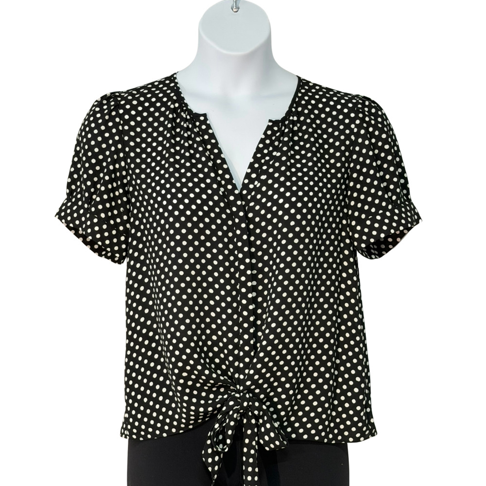 INC Sz 10 Split V-Neck Blouse Knot Hem Button Front Polka Dot Black White Office